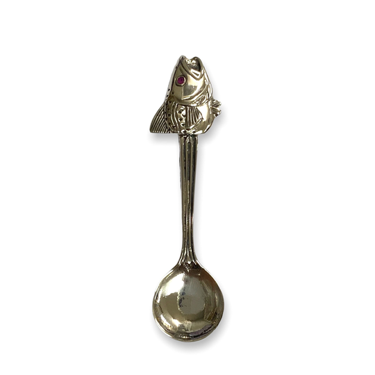 Victorian Style Fish Head Salt Spoon With Ruby Stone 925 Sterling Sliver