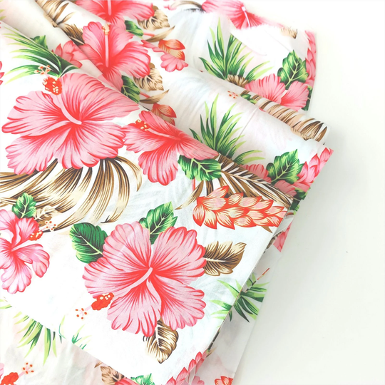 Hibiscus On White Cotton 145cm Wide, Fabric By The Half Metre