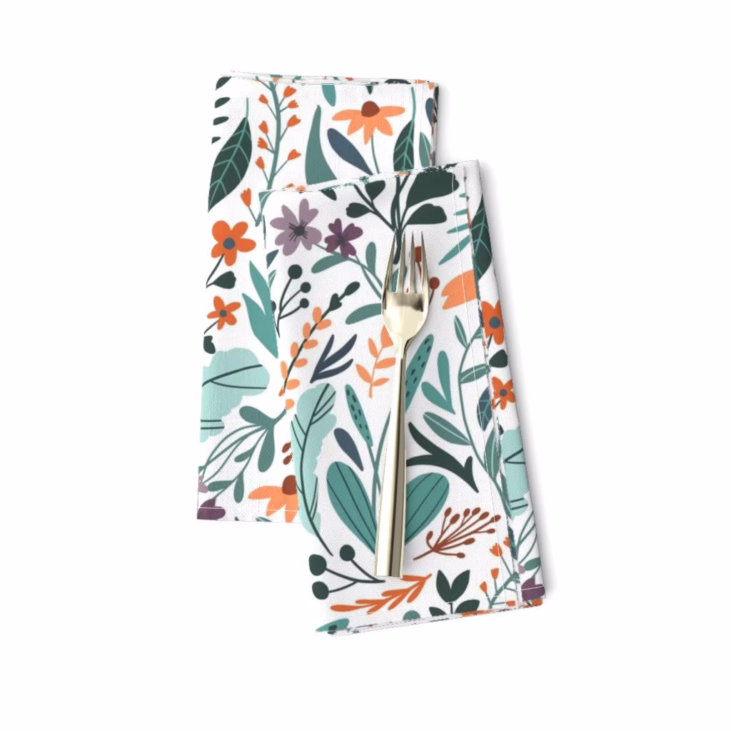 Teal Plants Dinner Napkins | Set Of 2 - Herbs By Lena_Nikolaeva Wild Grass Orange Purple White Blue Nature Cloth Spoonflower