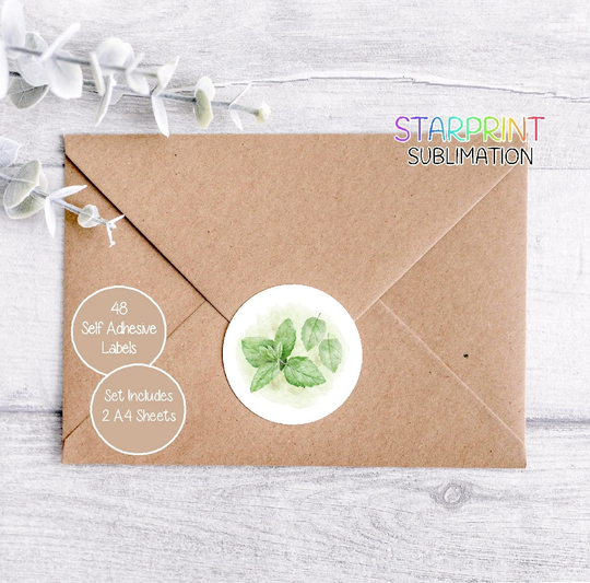 Mint Leaves Stickers, 48 Round Labels | 2 A4 Sheets, 24 Per Sheet, Great For Envelope Seals/Gifts/Handmade Products