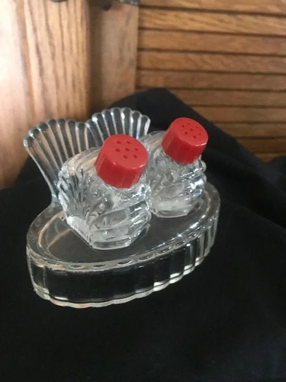 Vintage Art Deco Salt Pepper Set Glass Holder Bakelite Lids Mid Century Kitchenware Table Service