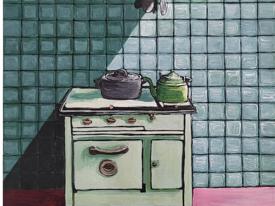 Original Acrylic Painting. Interior Still Life. Vintage Kitchen Art. Kitsch Kitchen Tea Cute Kitchen. Stove