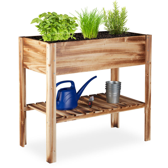 Relaxdays - Wooden Raised Garden Bed, Shelf, Balcony Planter Box, Patio & Garden, hwd 80 x 88 x 43.5 cm, Flamed