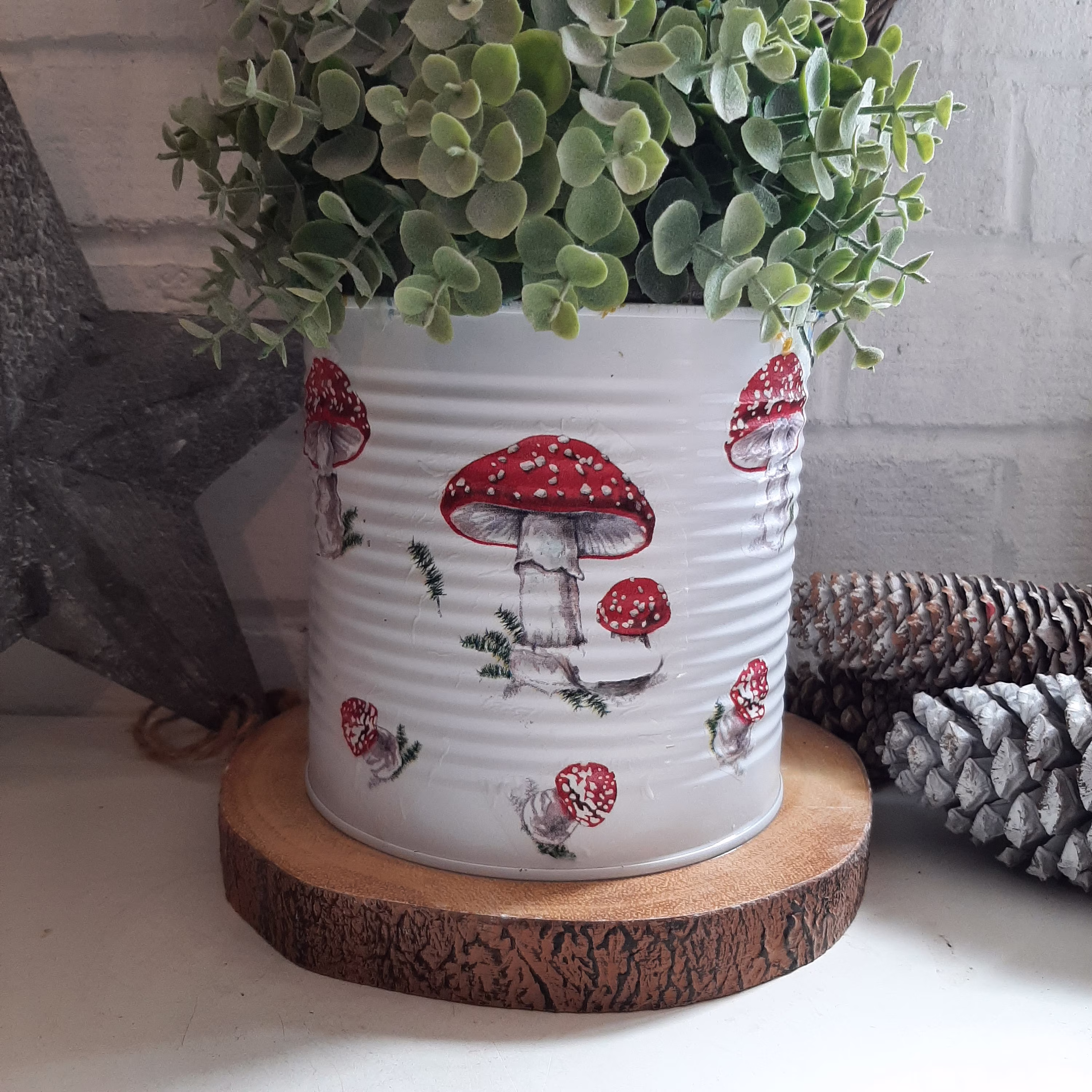 Rustic Toadstool Tin Pot. Plant Container. Utensil Holder
