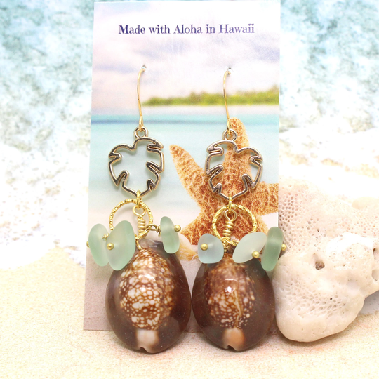 Cowrie Shell Earrings/Beachy Boho Sea Glass Monstera Leaf Tropical Beach Wedding
