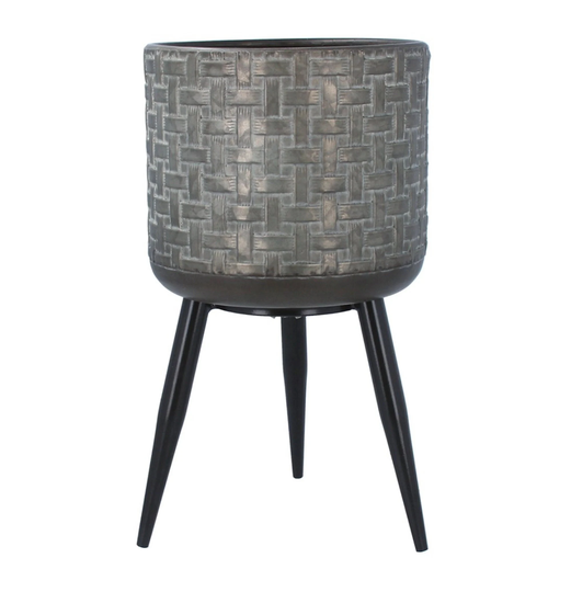 Large Metal Tripod Planter - Basketweave Design Plant Pot On Stand Grey With Legs- Indoor House Silver Black