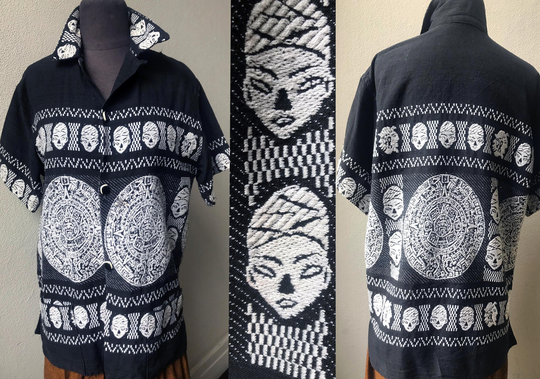 50's Superb Guatemalan Hand Weave Mayan Mask Calendar Hippy Shirt Top