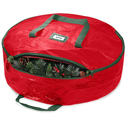 Christmas Wreath Storage Bag Pure Color Layer Red Seasonal Wreath Storage Case with Dual Zippers and Handles, Red