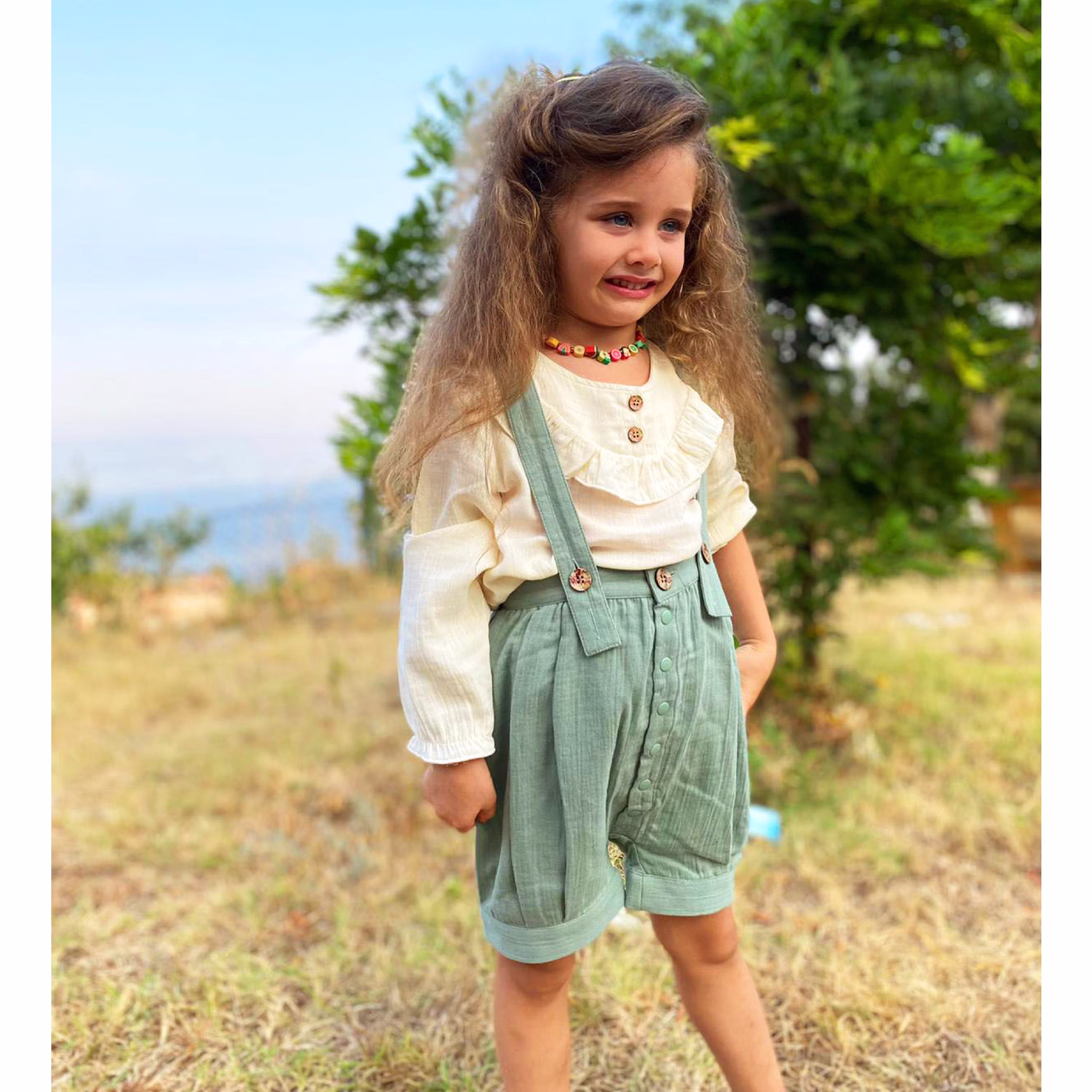 1st Birthday Outfit Girl, Organic Sage Green Baby Romper +Organic Girl Beige Blouse, Cake Smash Gift Niece Sister