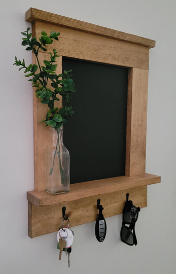 Chalkboard, Oak Wall Organizer, Farmhouse Chalkboard With Hooks, Shelf, Keyholder