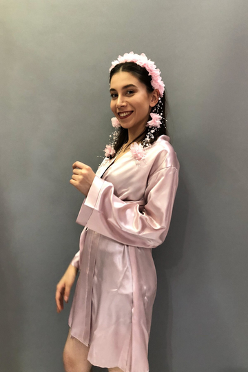 Powder Color Satin Bride Robe & Flowering Crown