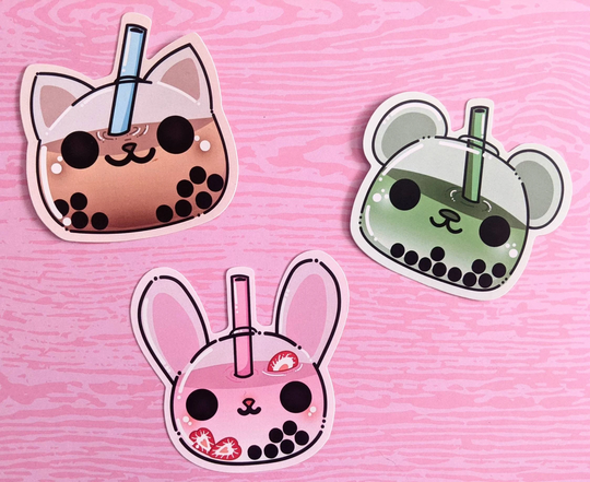 Boba Cat, Matcha Bear, & Starwberry Bunny 3In Vinyl Sticker