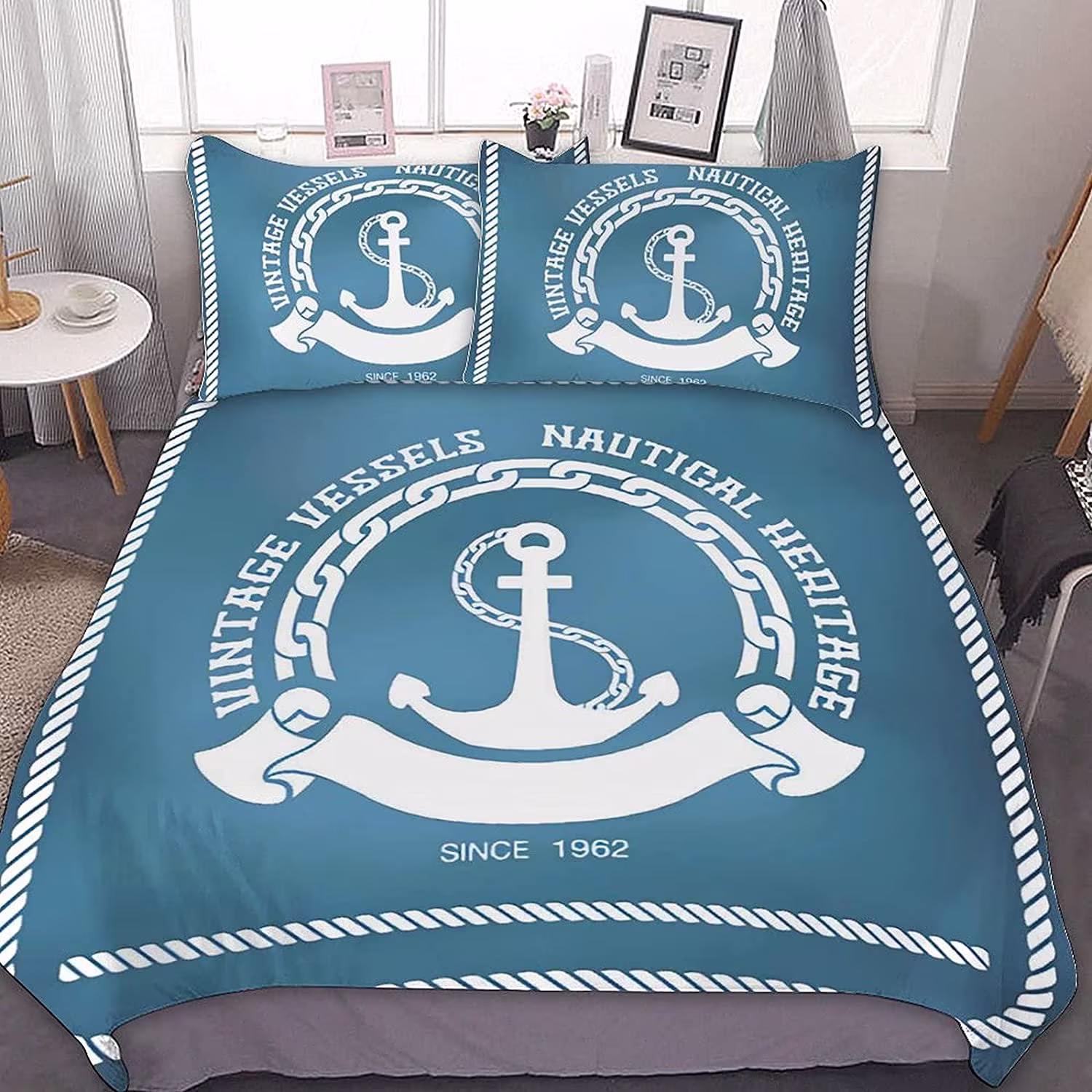 Anchor Blue & White Nautical Comforter Bedding Set Of 3, 1 Duvet Cover 2 Pillow Shams All Season Microfiber With Pillowcase