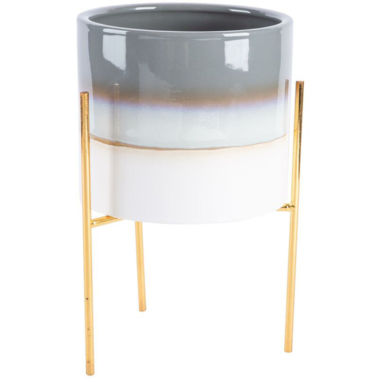 Reactive Glaze Plant Pot on Stand - 19cm - Grey/Gold - Nicola Spring
