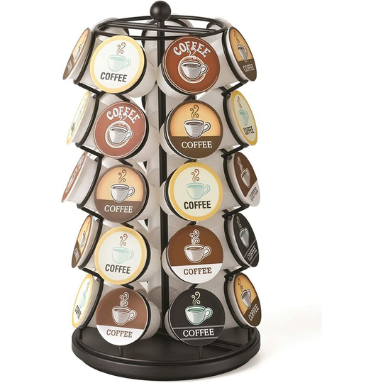 Storage fits 35 pods, 360 degree spins, modern black design, kitchen counter organizer for home or office.