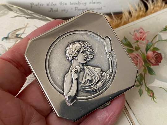 Unusual Antique Art Deco 1930S Lady With Mirror Chrome Vanity Powder Compact | 1