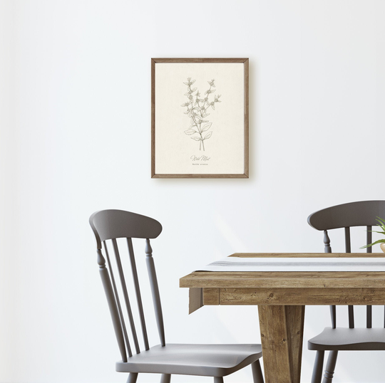 Mint Botanical Herb, Neutral Minimalist Line Drawing, Wall Art Print