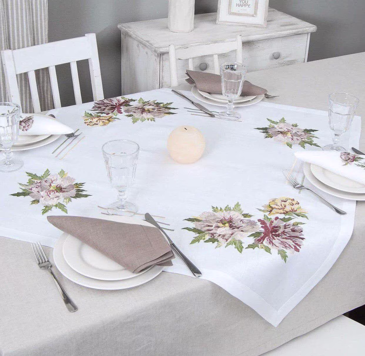 Tabletop 9090 См, Embroidered Tablecloth Linen Peonies, Ukrainian Embroidered. Gift For Her, Women Embroidery