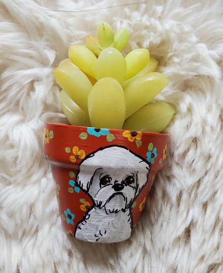 One Of A Kind Original Maltese, Shih Tzu Mini Planter With Artificial Succulent