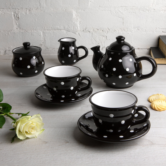 Black Ceramic Tea Set, Handmade Teapot Set For Two, Teapot, Milk Jug, Sugar Bowl, 2 Teacups & Saucers, White Polka Dot Pottery