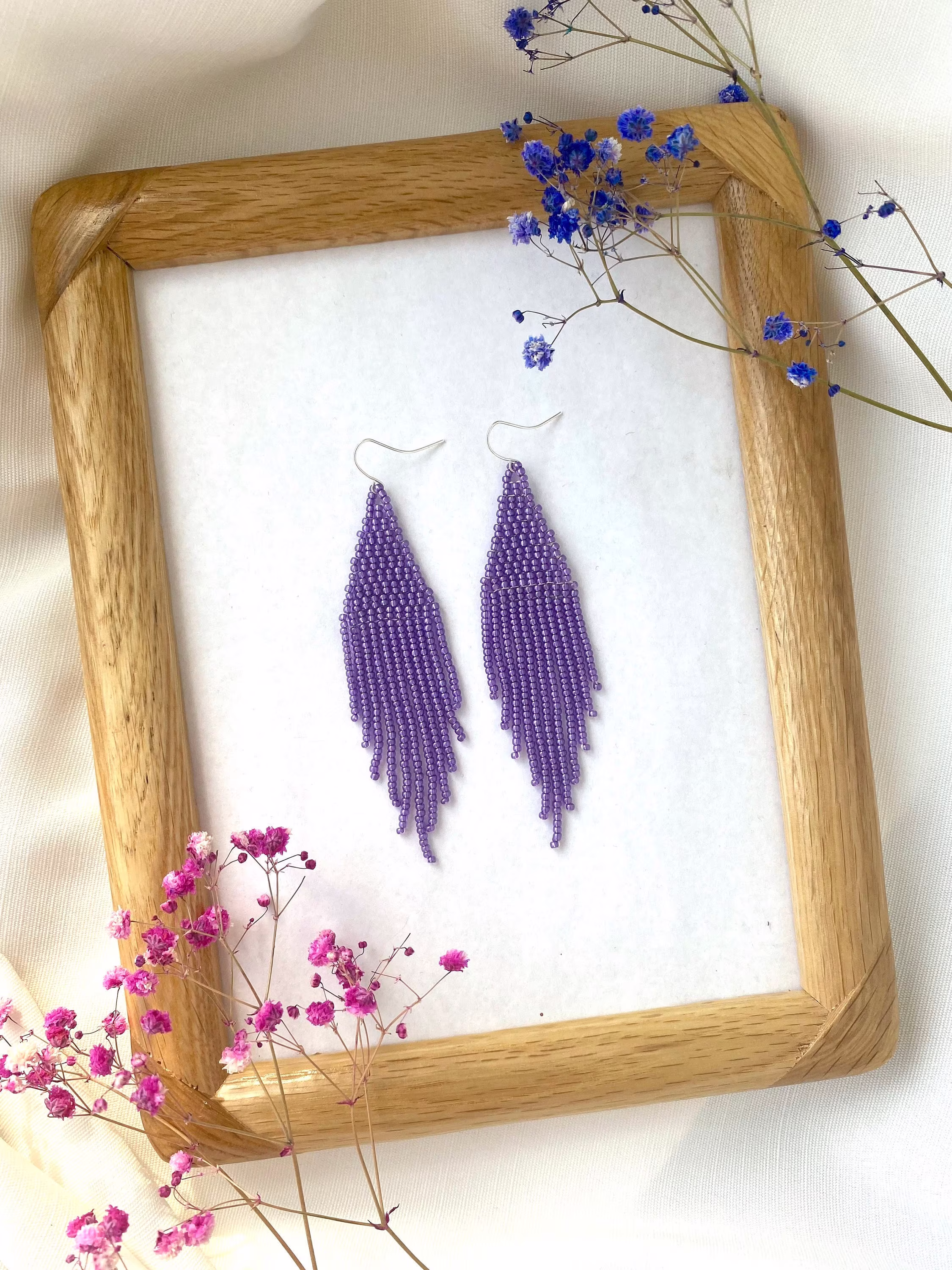 Purple Beaded Earrings Shiny Seed Bead Dangle Fringe Bright Violet Boho Chic Bridesmaid Bridal