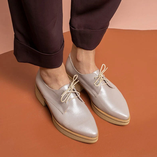 Metallic Powder Leather Oxford Shoes, Comfortable Platform Shoes For Women, Lace Up Formal Casual Premium