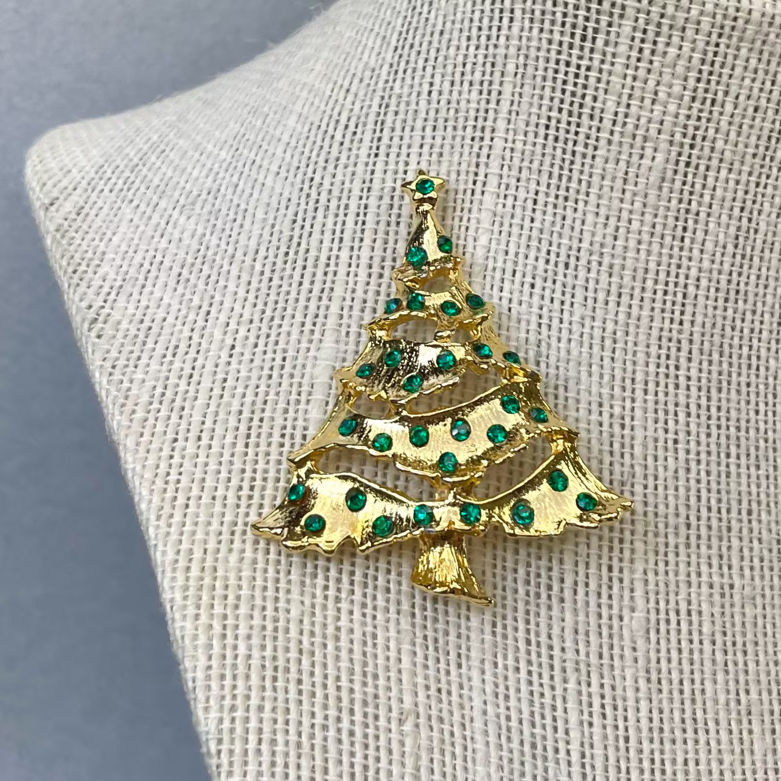 Vintage Christmas Tree Brooch, Gold Tone Green Rhinestones Pin, Lapel Holiday Season Jewelry, Gift For Friend