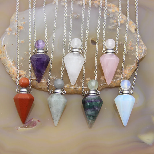 Rose Quartz Amethyst Faceted Cone Point Essential Oil Bottle Pendant Necklace, Fluorite Labradorite Pendulum Perfume Diffuser Vial Charms