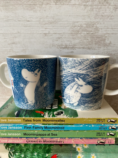 Pair Of Winter Season Moomin Mugs By Arabia Finland, Collectible Mug Pair, Both With Original Labels
