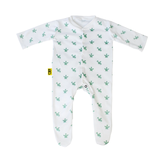 Personalised Organic Green Dragon Baby Sleepsuit, Handmade Sleepsuit