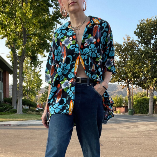Vintage 90S Floral Hawaiian Surfboard Print Short Sleeve Button Up Rayon Shirt Size Large