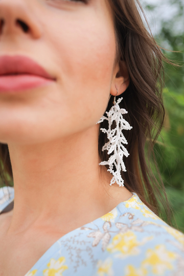White Beaded Dangle Earrings, Seed Bead Fringe Long Statement Earrings