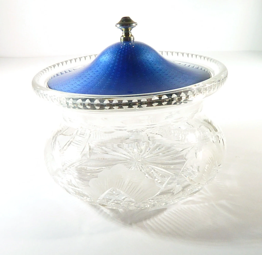 Gifts For The Couple Art Deco Sterling Silver Blue Guilloche Antique Crystal Powder Bowl