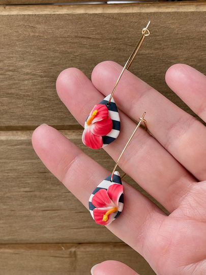 It's A Hibiscus Kind Of Summer Collection-Red Flower Earrings, Hoop Striped Earrings
