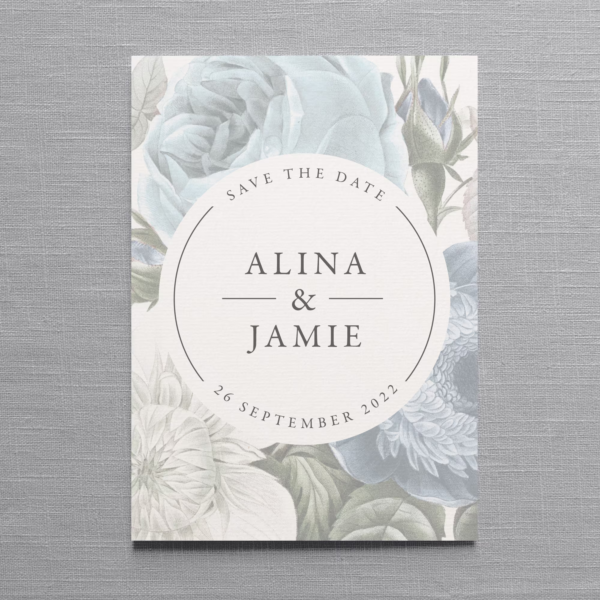 Alina Save The Date Or Change Date, Card Magnet. Dusty Blue Powder Floral