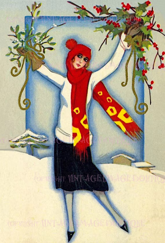 Antique 1920's Lovely Flapper With Mistletoe & Holly Branches Christmas Season Winter Solstice Holiday 5x7 Greeting Card