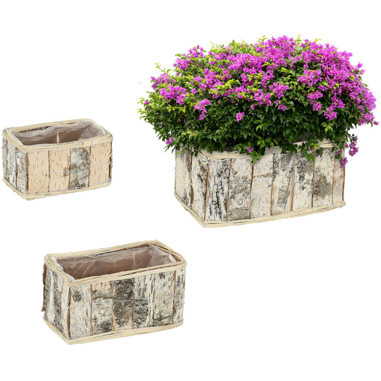 Relaxdays - 3x Rectangular Flowerpots, Birch Bark, Flowers & Herbs, Plant Baskets with Foil, in 3 Sizes, Wooden, Natural