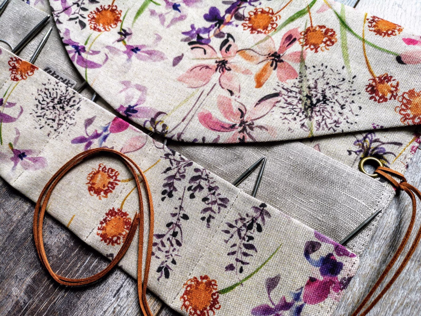Circular Needle Organizer Luxury Linen Case Pink Purple Burnt Orange Meadow Roll For 10/15/20/25/30/35/40/50/60 Handmade Fabric Gift