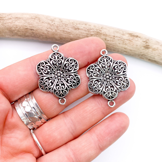 2 X Large Filigree Hibiscus Connector - Antique Silver Tone Flower Pendant, Floral Connector For Jewelry E10A