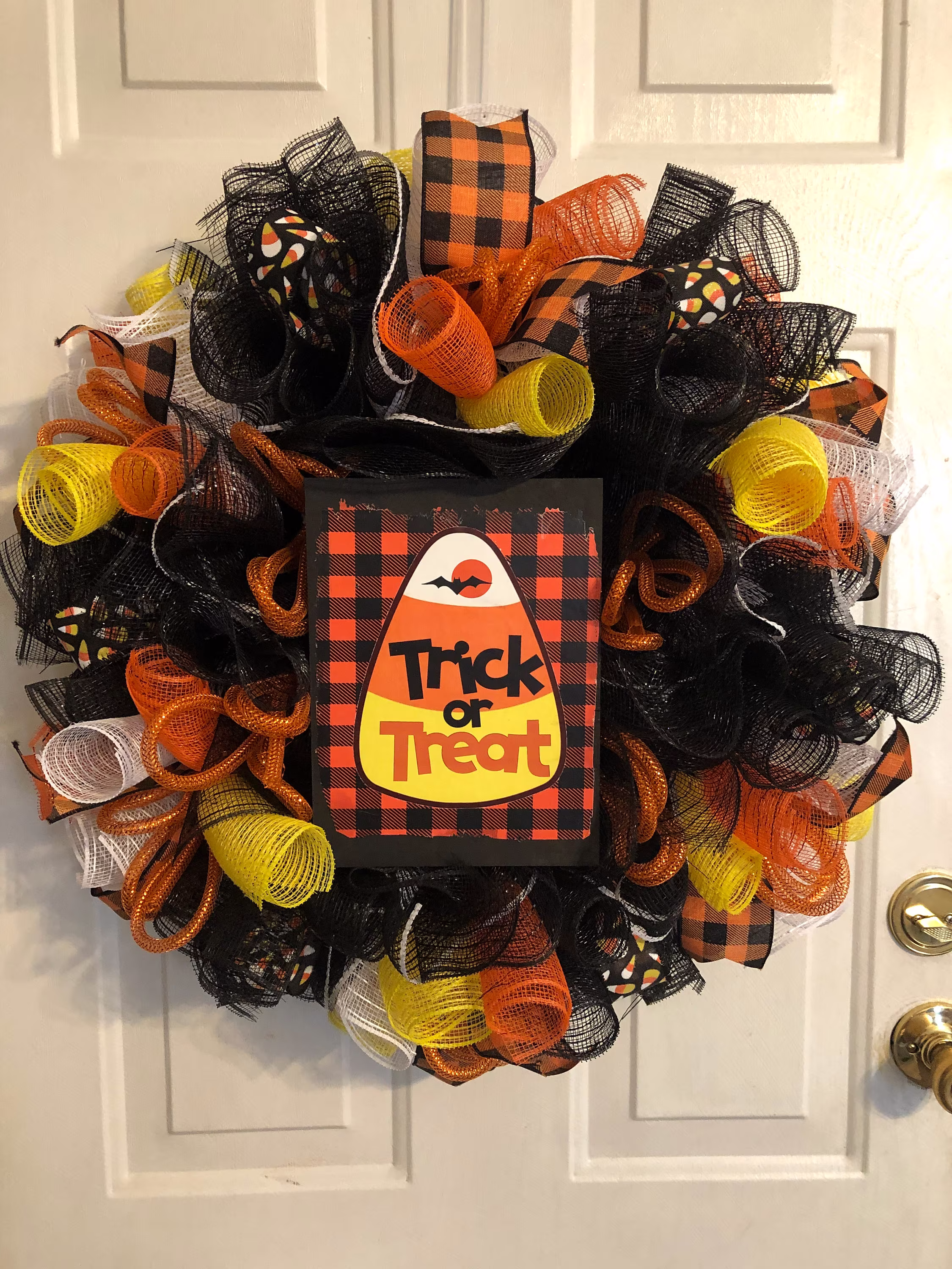 Halloween Trick Or Treat Candy Corn Deco Mesh Wreath, Decoration, Front Door Seasonal Orange & Black