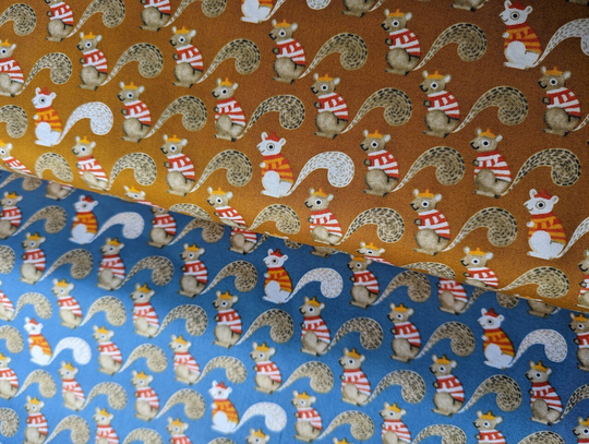 Organic Cotton Squirrels On Ochre/Mustard Yellow Blue Patchwork Fabric, Children's Fabric Nursery Windham Fabrics, 44