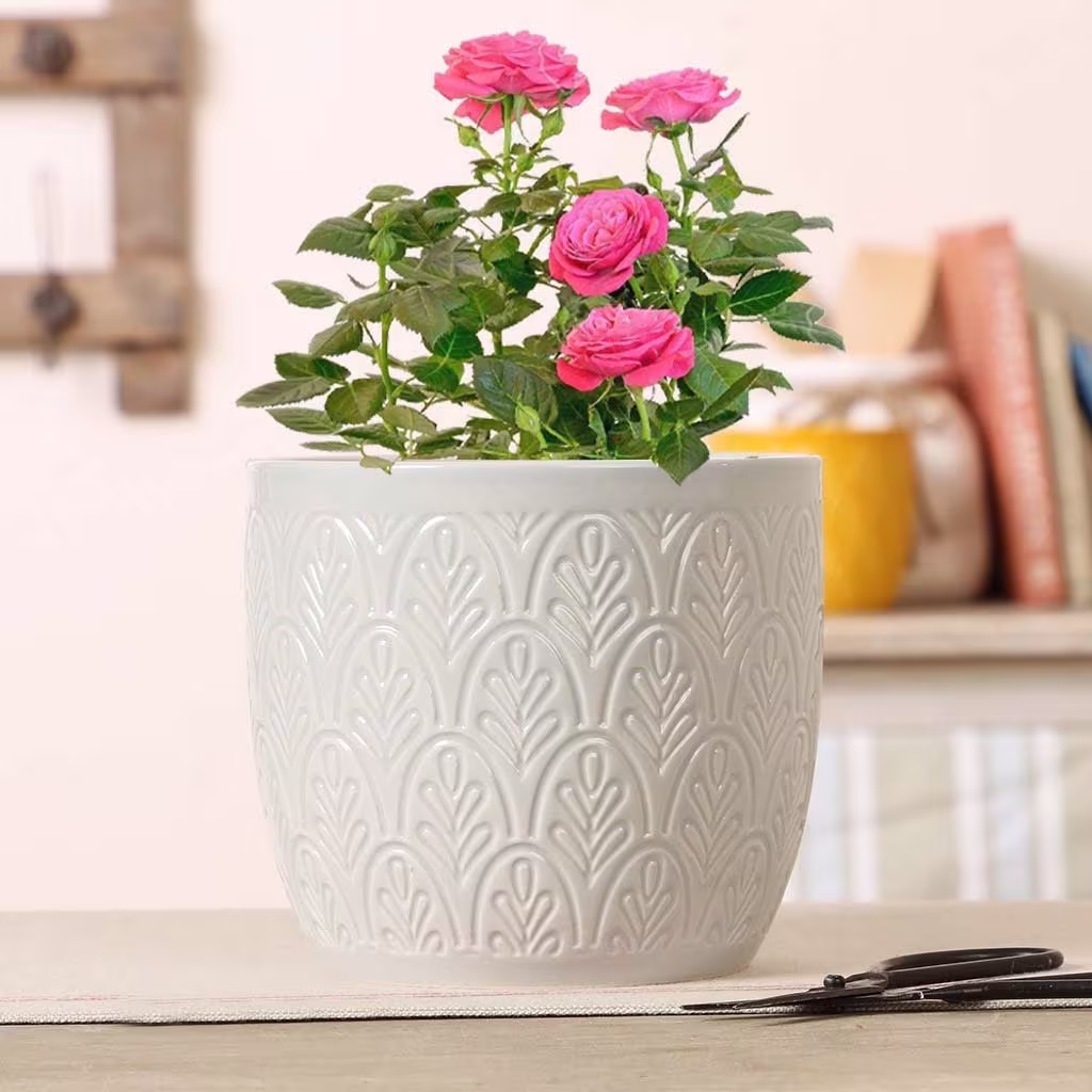 Ceramic Plant Pot Set Of 2 Grey Embossed Indoor Flower Planters Art Deco Palm Leaf Patterned Decorative Succulent Herb Houseplant Pots