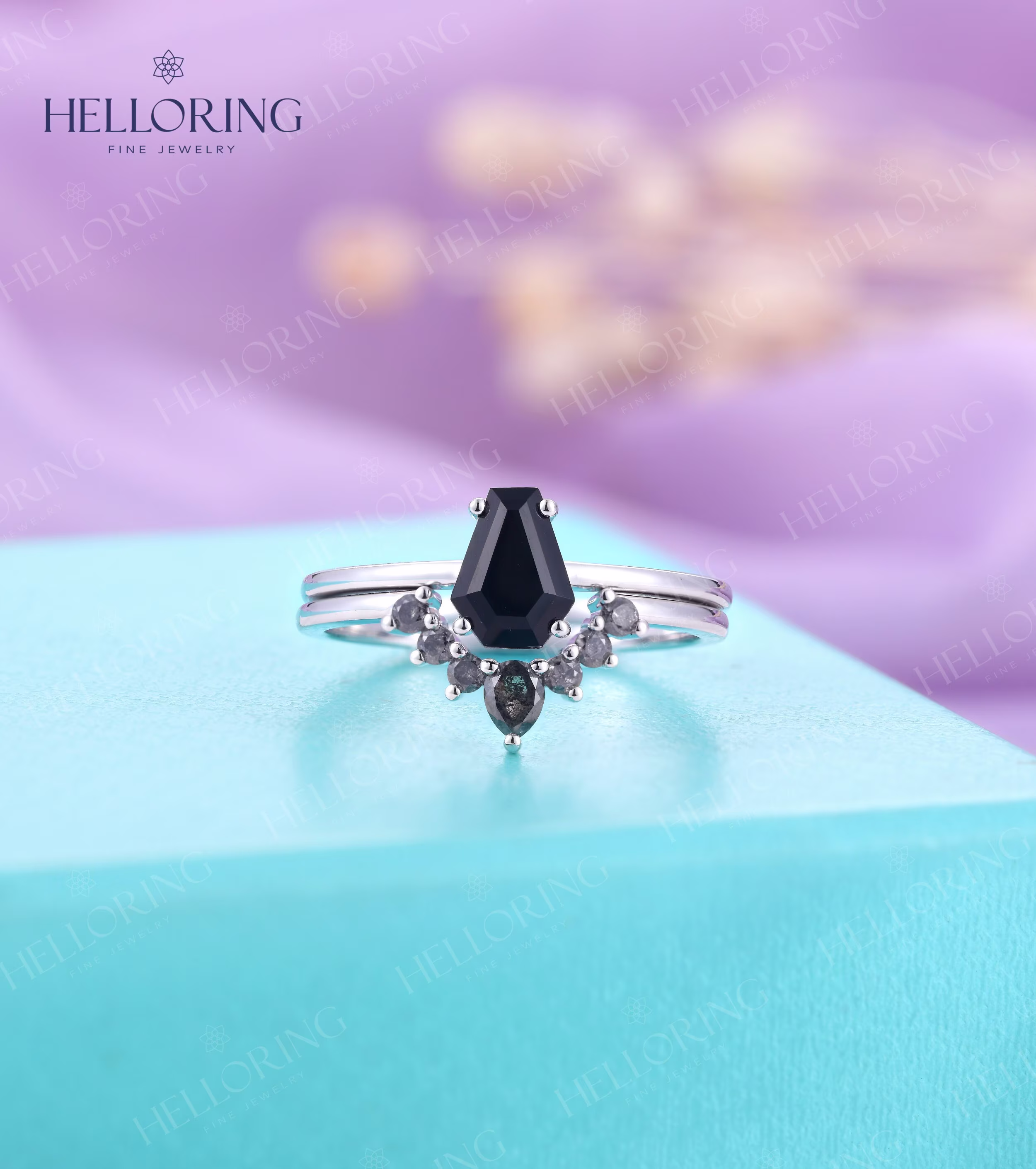 Vintage Coffin Onyx Engagement Ring Rose Gold Black Salt & Pepper Curved Diamond Wedding Band Promise