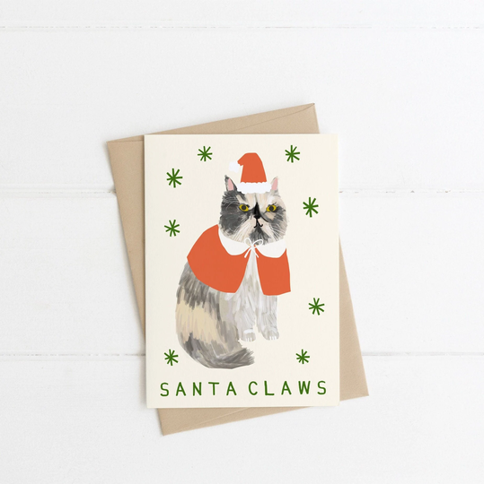 Santa Claws Cat Christmas Card | Father Funny Merry Seasons Greeting Eco-Friendly Recycled Hand Painted