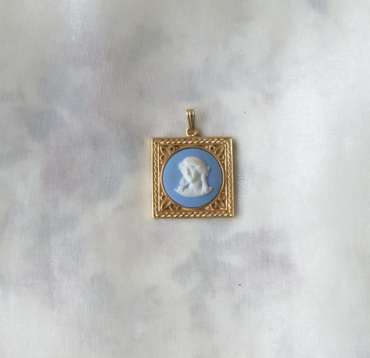 Wedgwood Gold Plated Pendant - Powder Blue Jasper Ware Square Shape Classical Lady English Made