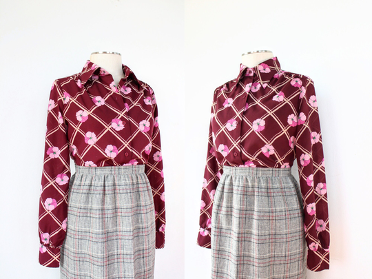 70's Burgundy Dart Collar Blouse | Size S/M