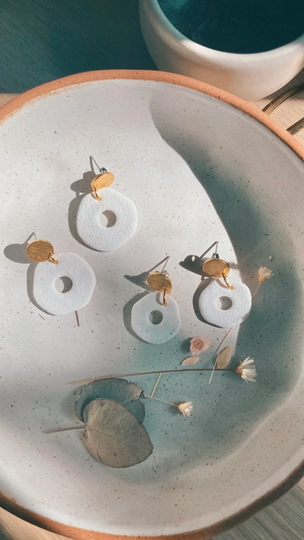 Organic Donut Hoops in Speckled White Or Black & Brass | Handmade Dainty Polymer Clay Earrings Gifts For Her