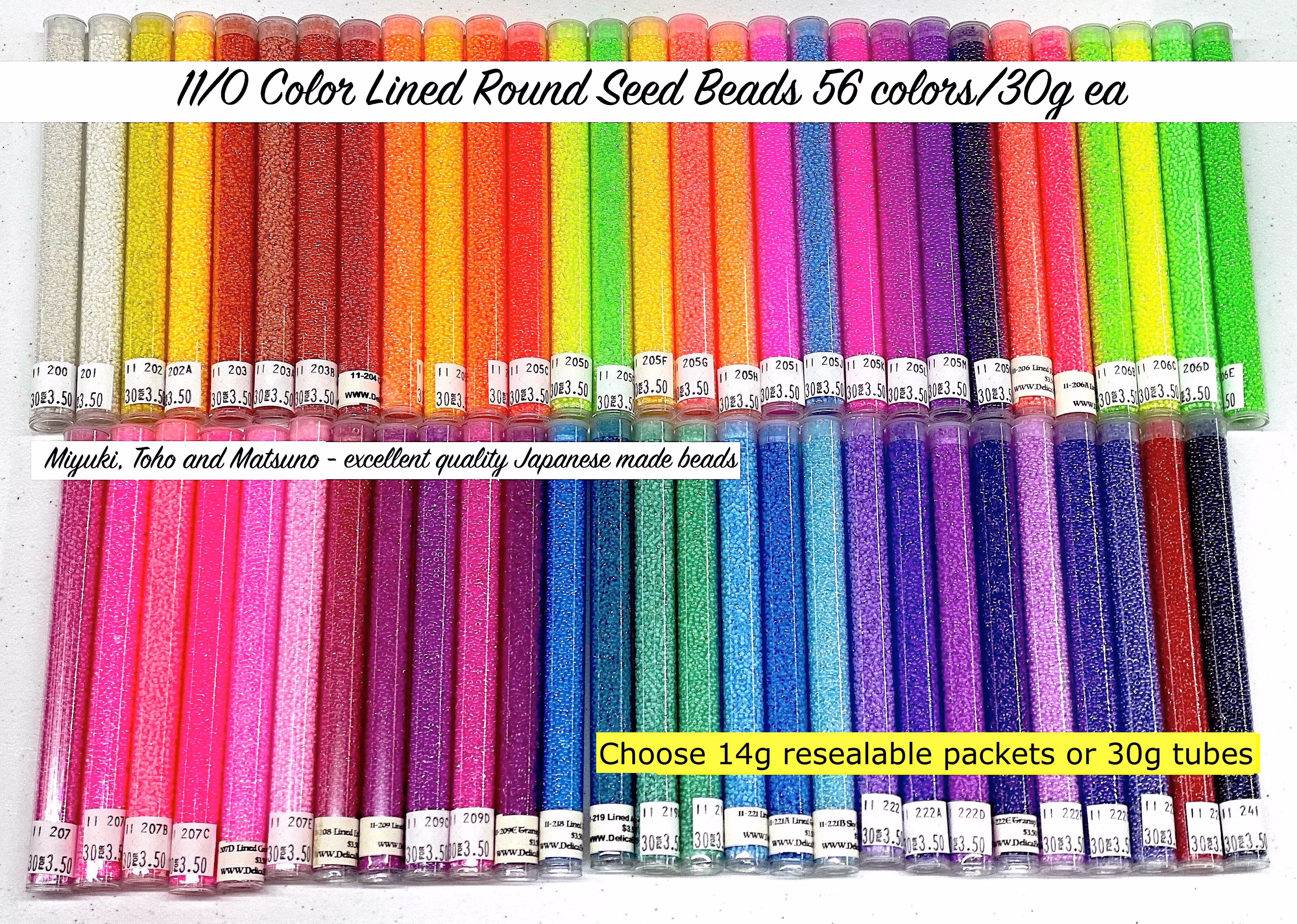 11/0 Japanese Color Lined Round Seed Beads Set 56 Colors 14G Packets Or 30G Tubes