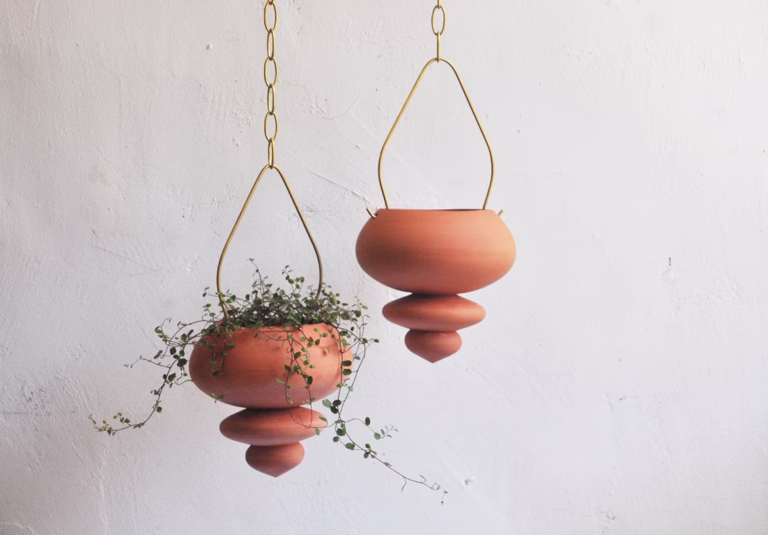 Pair Of Hanging Ceramic Planters, Terracotta Unique Artwork, Handmade Design For Indoor & Outdoor. By Noa Razer