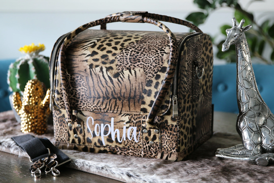 Vegan Leather Tiger Leopard Antique Vintage Style Roll Top Travel Case Purse Make Up Artist Beauty Supply Hair Nail Lash Storage Organizer